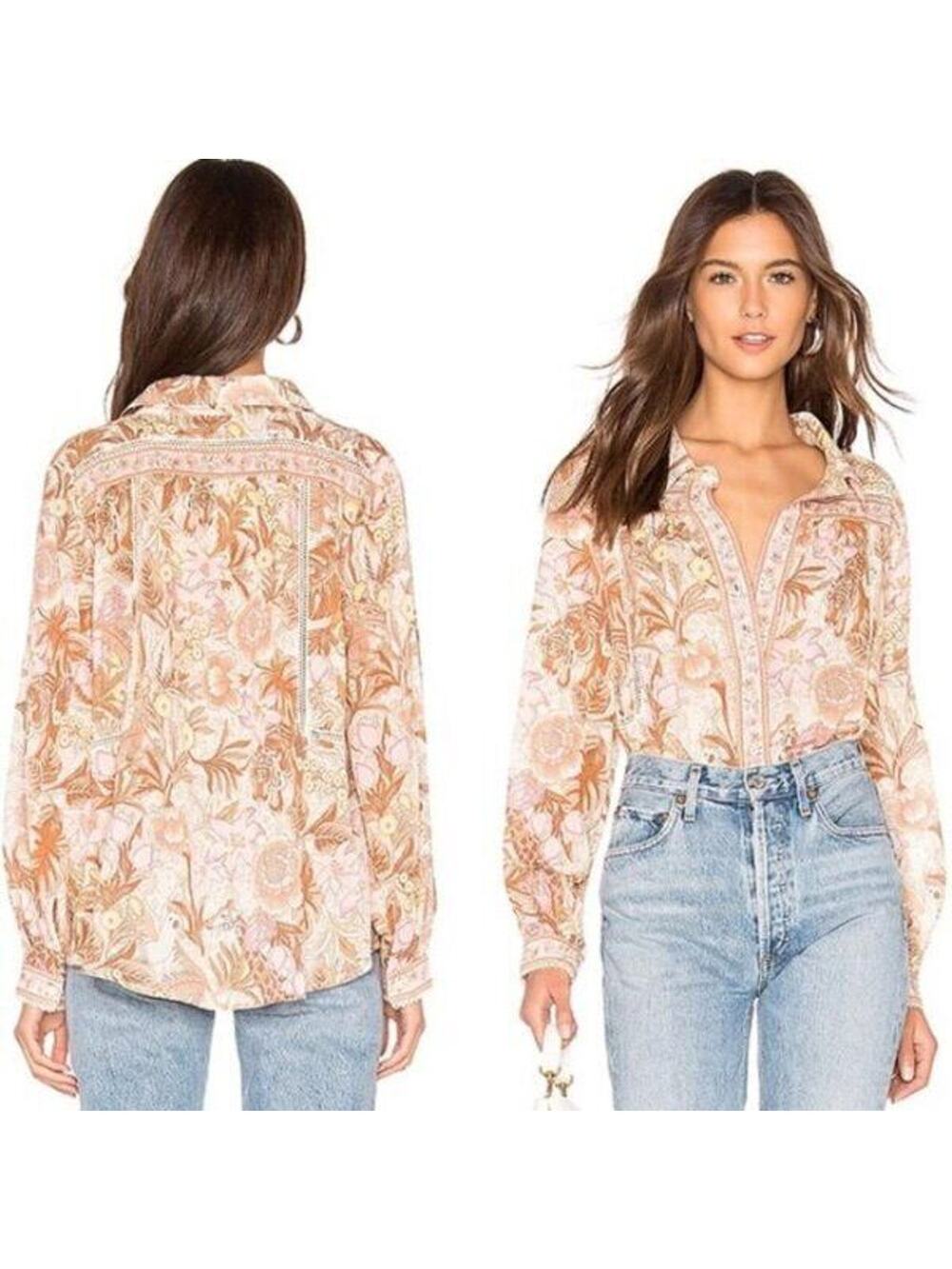 SPELL & THE GYPSY COLLECTIVE Sz S Small Jungle Print Shirt Top Crochet Trim